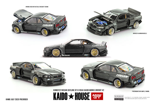 * PRE ORDER * [ Kaido House x MINI GT ] 1/64 Nissan Skyline GT-R (R34) Kaido Works GReddy V2 KHMG222