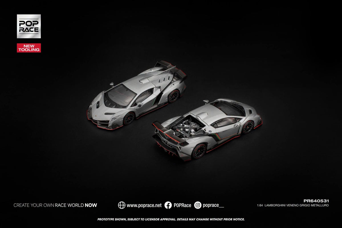 * PRE ORDER * POP RACE 1/64 LAMBORGHINI VENENO GRIGIO METALLURO PR640531