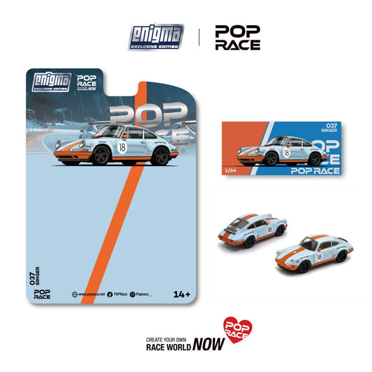 * PRE ORDER * Pop Race x Enigma 1/64 SINGER RACING ORANGE/BLUE #18 (PRE037) Blister Card Version