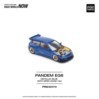 * PRE ORDER * POPRACE 1/64  PANDEM CIVIC EG6 METALLIC BLUE WITH OPEN HOOD  PR640174