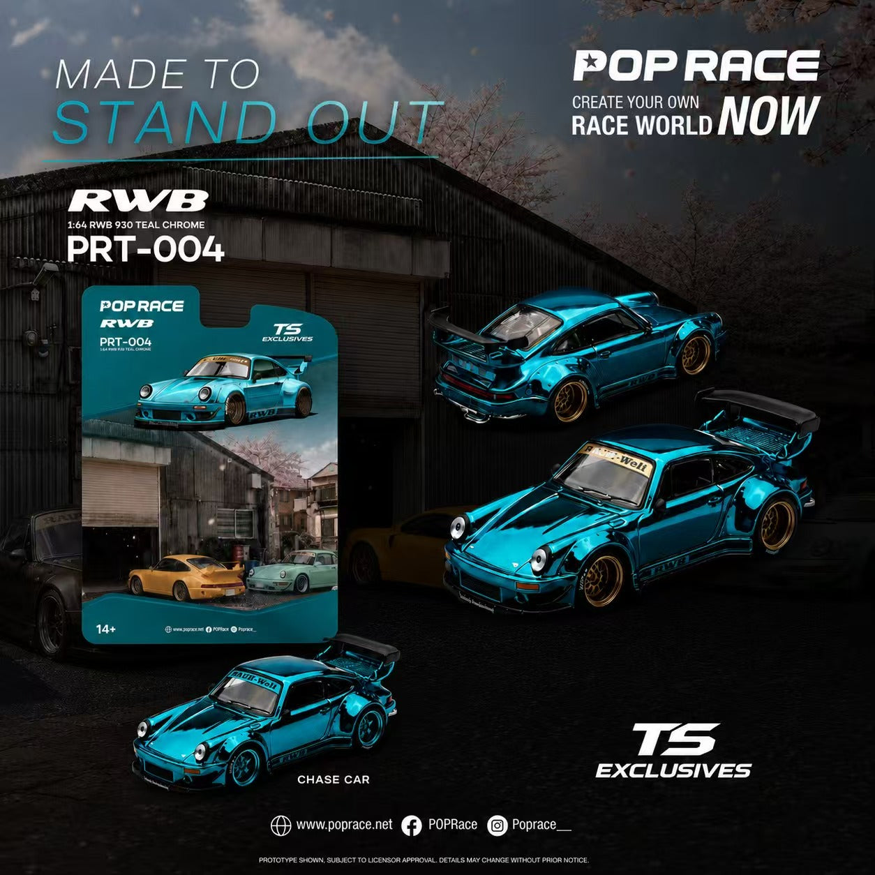 * PRE ORDER * POP RACE X TOKYO STATION 1/64 RWB 930 TEAL CHROME - PRT004