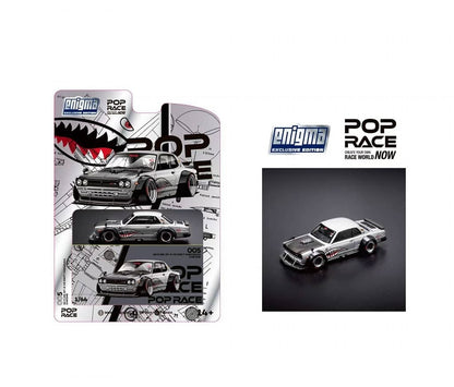 Pop Race x Enigma 1:64 Diecast ModelSkyline GT-R KPGC10 Hakosuka, V8 Drift Modified.Open-Hood, Visible EngineSilver Shark(PRE005)Blister Card Version