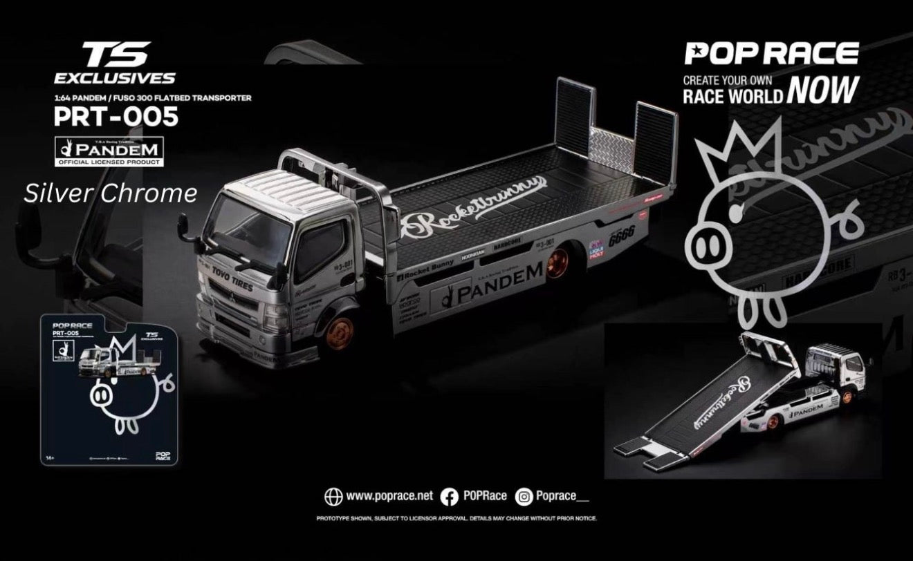 * PRE ORDER * POP RACE X TOKYO STATION 1/64 PANDEM FUSO 300 FLATBED TRANSPORTER SILVER CHROME - PRT005