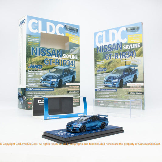 INNO x CLDC Exclusive Version Nissan Skyline GT-R (R34) Chrome Blue Diecast Car Model ( ENGLISH VERSION MAGAZINE & COVER )