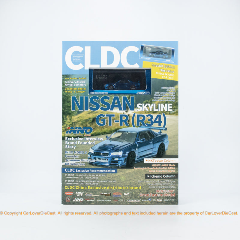 INNO x CLDC Exclusive Version Nissan Skyline GT-R (R34) Chrome Blue Diecast Car Model ( ENGLISH VERSION MAGAZINE & COVER )