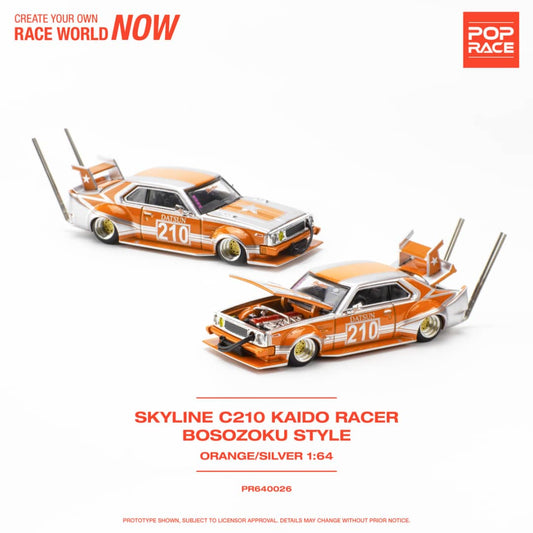 * PRE ORDER * POP RACE 1/64 Skyline C210 Kaido Racer Bosozuko Modified Orange Silver