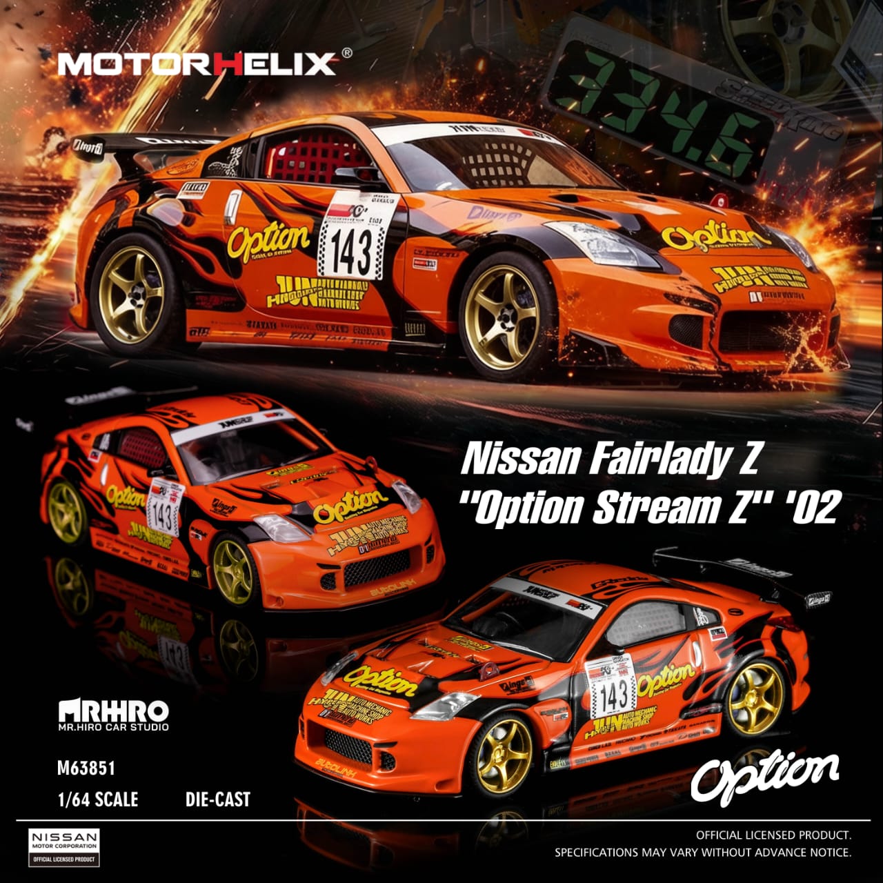 * PRE ORDER * MOTORHELIX × Mr.Hiro × Option 1/64 Nissan Fairlady Z，"Option Stream Z" ‘02（Z33) M63851 Orange