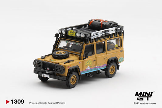 * PRE ORDER * MINI GT #1309 1/64 Land Rover Defender 110 1998 Camel Trophy Tierra del Fuego CT.10 USA (RHD)