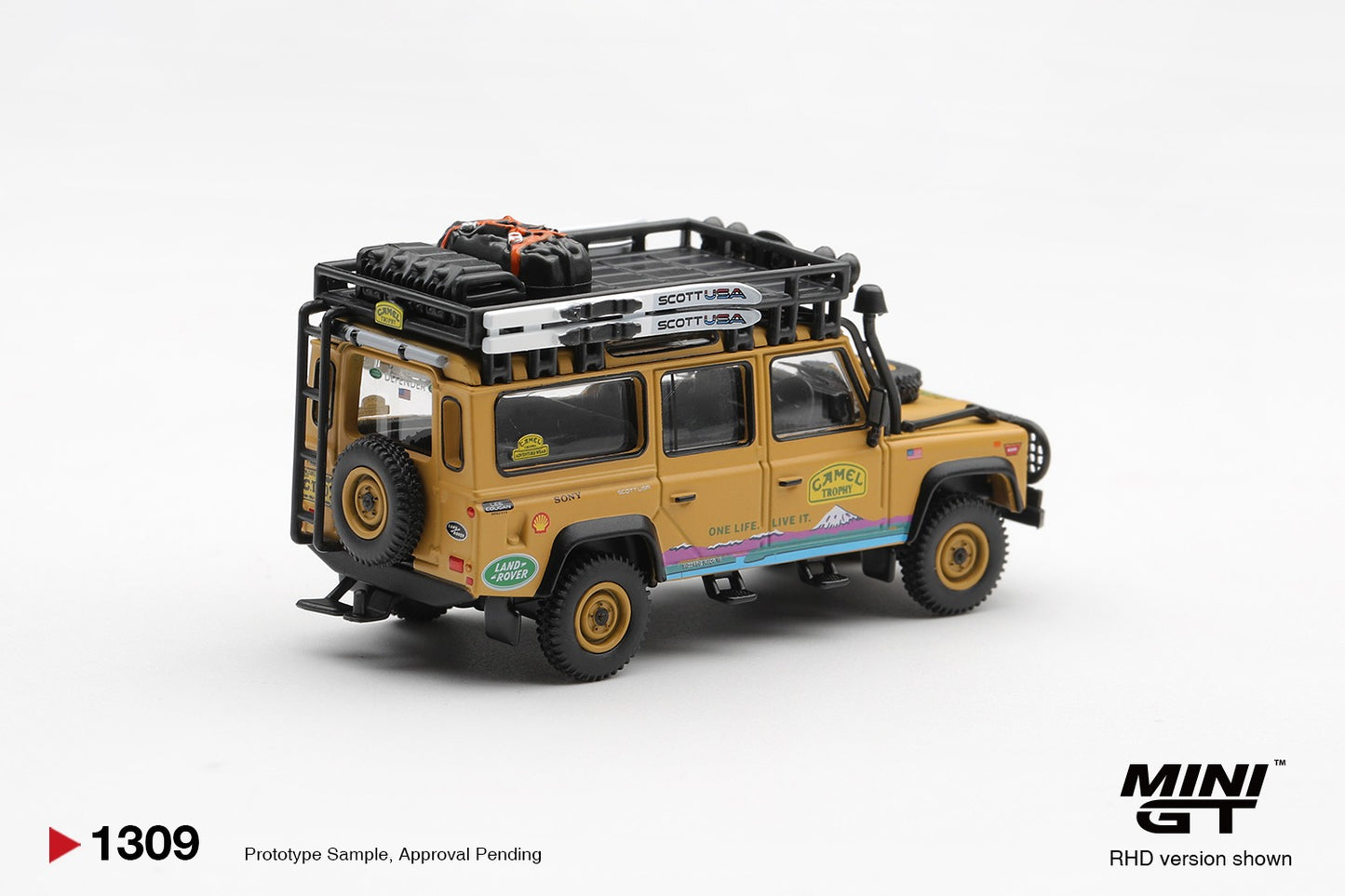 * PRE ORDER * MINI GT #1309 1/64 Land Rover Defender 110 1998 Camel Trophy Tierra del Fuego CT.10 USA (RHD)