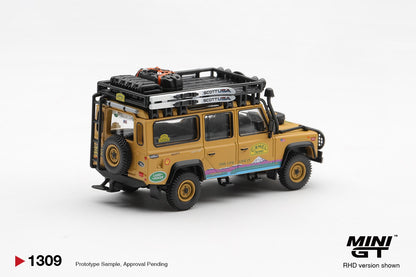 * PRE ORDER * MINI GT #1309 1/64 Land Rover Defender 110 1998 Camel Trophy Tierra del Fuego CT.10 USA (RHD)