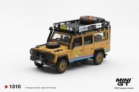 * PRE ORDER * MINI GT #1310 1/64 Land Rover Defender 110 1998 Camel Trophy Tierra del Fuego CT.36 Romania (RHD)