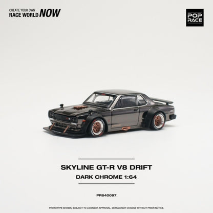 POPRACE 1/64 SKYLINE GT-R V8 DRIFT (HAKOSUKA) DARK CHROME - PR640097