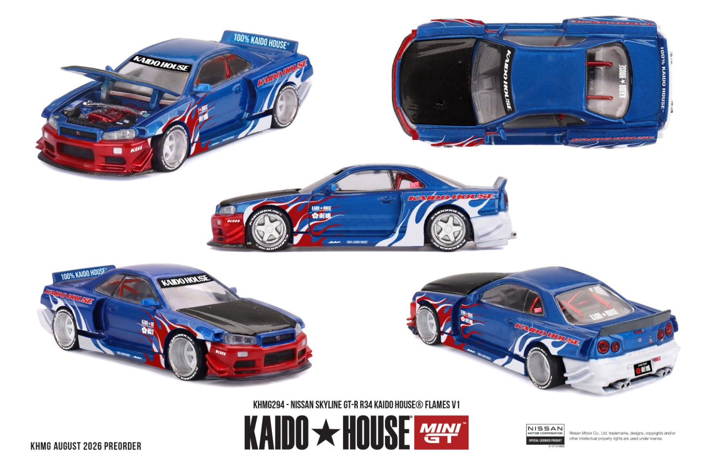 * PRE ORDER * [ Kaido House x MINI GT ] 1/64 Nissan Skyline GT-R R34 Kaido House Flames V1 KHMG294
