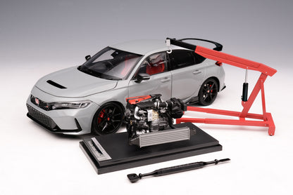 MOTORHELIX 1/18 Honda Civic Type R（FL5）Sonic Pearl Grey Diecast Model M85305 With Engine & Hoist