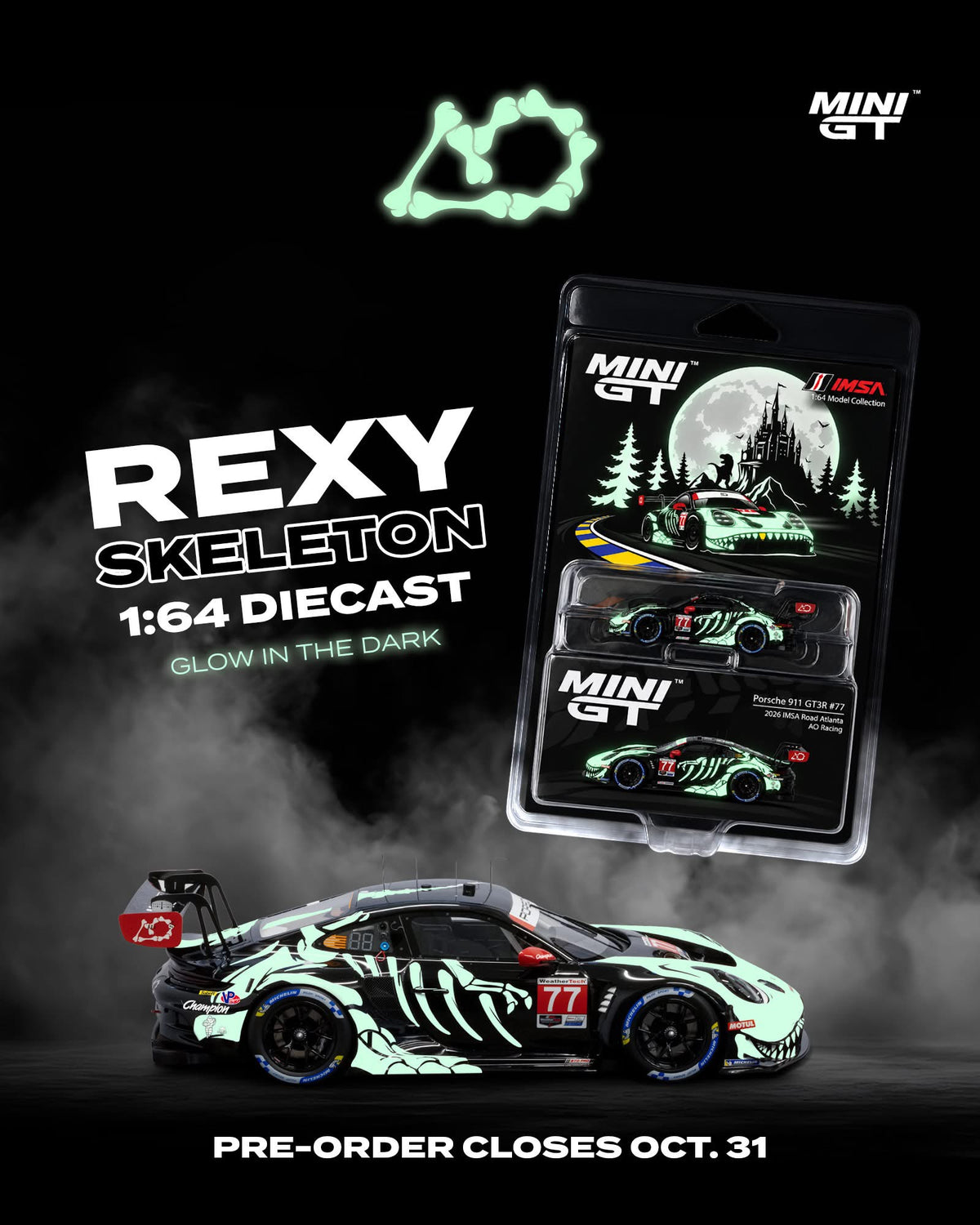 * PRE ORDER * MINI GT X AO RACING SKELETON REXY GLOW IN THE DARK ( EXCLUSIVE CARD VERSION )