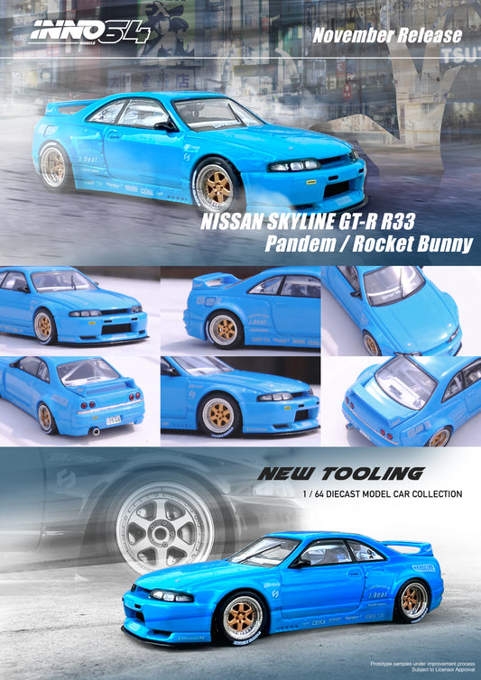 * PRE ORDER * INNO 64 1/64 NISSAN SKYLINE GT-R (R33) "Pandem / Rocket Bunny" Blue