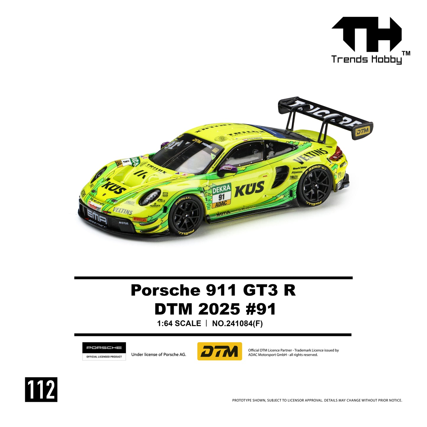 * PRE ORDER * Trends Hobby 1/64 Porsche 911 (992) GT3 R DTM 2025 Yellow-Green #91