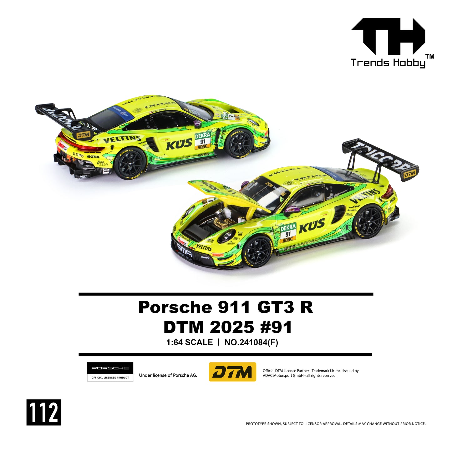 * PRE ORDER * Trends Hobby 1/64 Porsche 911 (992) GT3 R DTM 2025 Yellow-Green #91