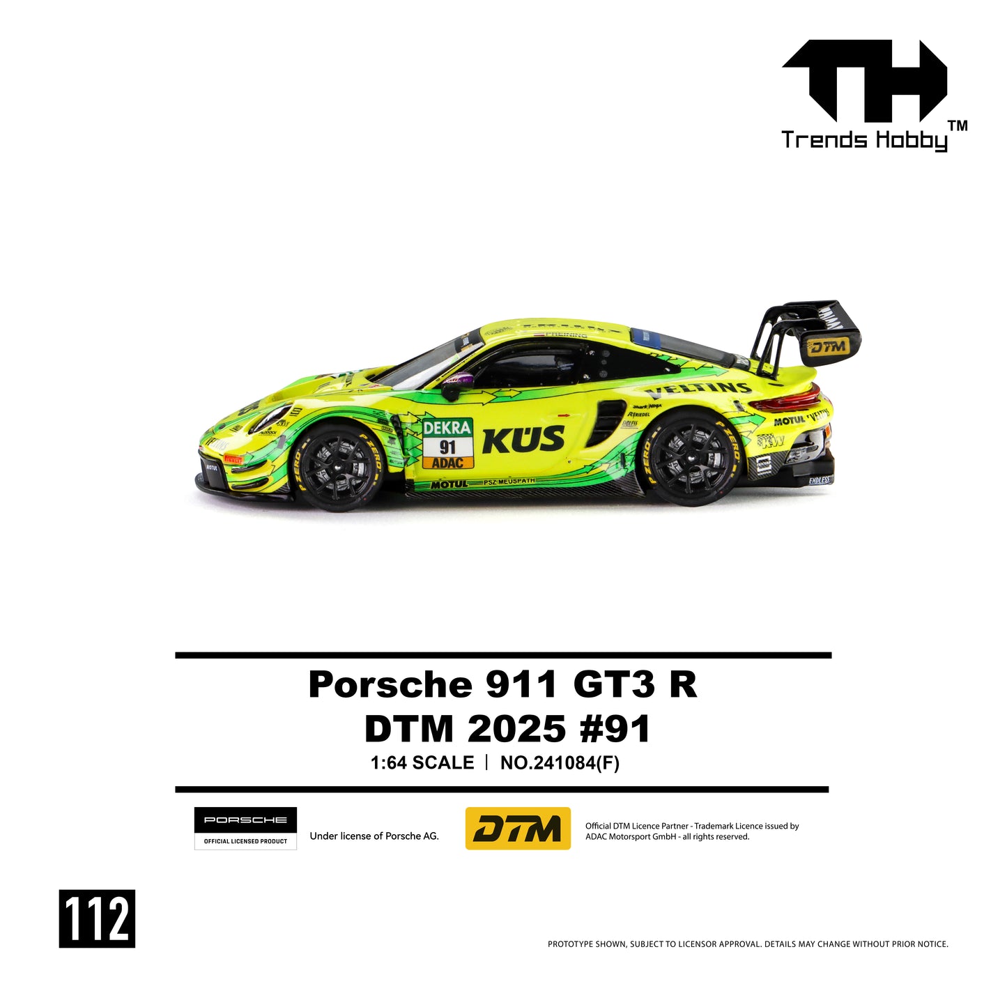 * PRE ORDER * Trends Hobby 1/64 Porsche 911 (992) GT3 R DTM 2025 Yellow-Green #91