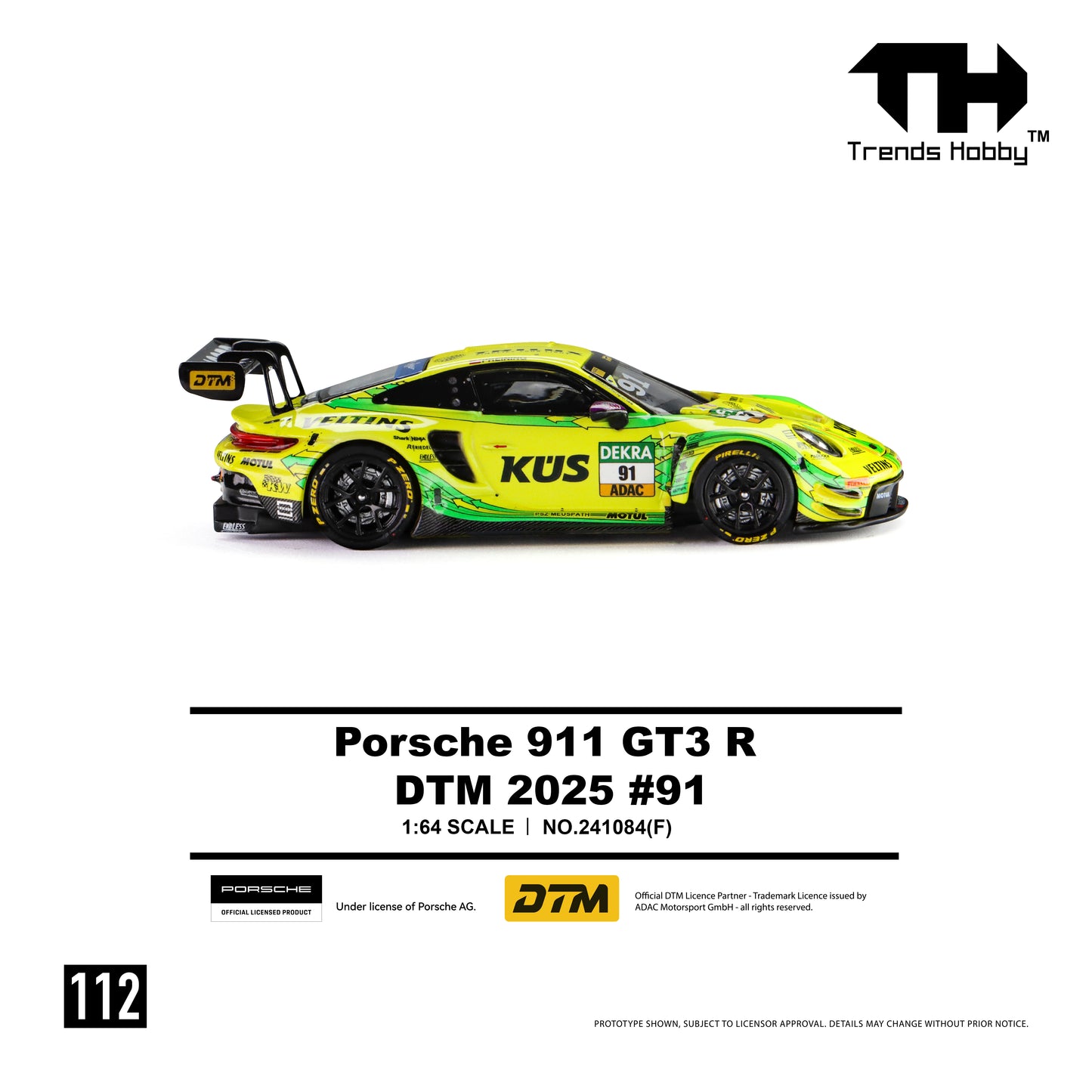 * PRE ORDER * Trends Hobby 1/64 Porsche 911 (992) GT3 R DTM 2025 Yellow-Green #91