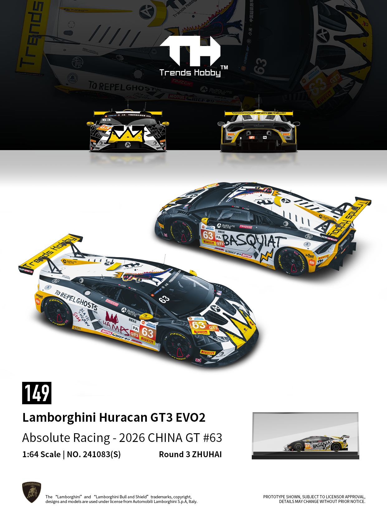 * PRE ORDER * Trence Hobby 1/64 Lamborghini Huracan GT3 EVO2 Black-White Absolute Racing-2026 CHINA GT Zhuhai