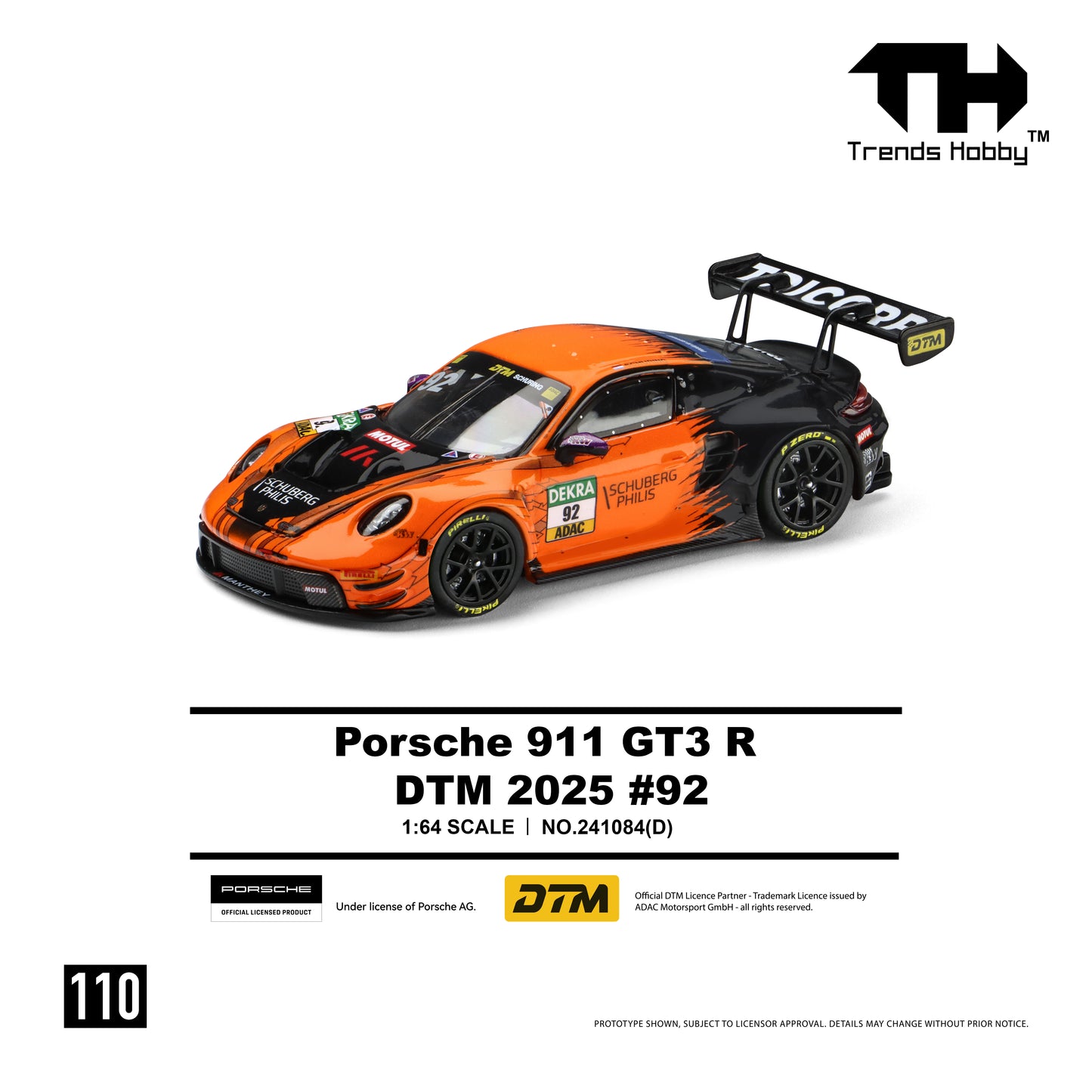 * PRE ORDER * Trends Hobby 1/64 Porsche 911 (992) GT3 R DTM 2025 Orange-Black 92#