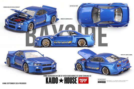 * PRE ORDER * MINI GT X KAIDO HOUSE Nissan Skyline GT-R (R34) Kaido Works (V2 Aero) SHINJUKU V2 KHMG158