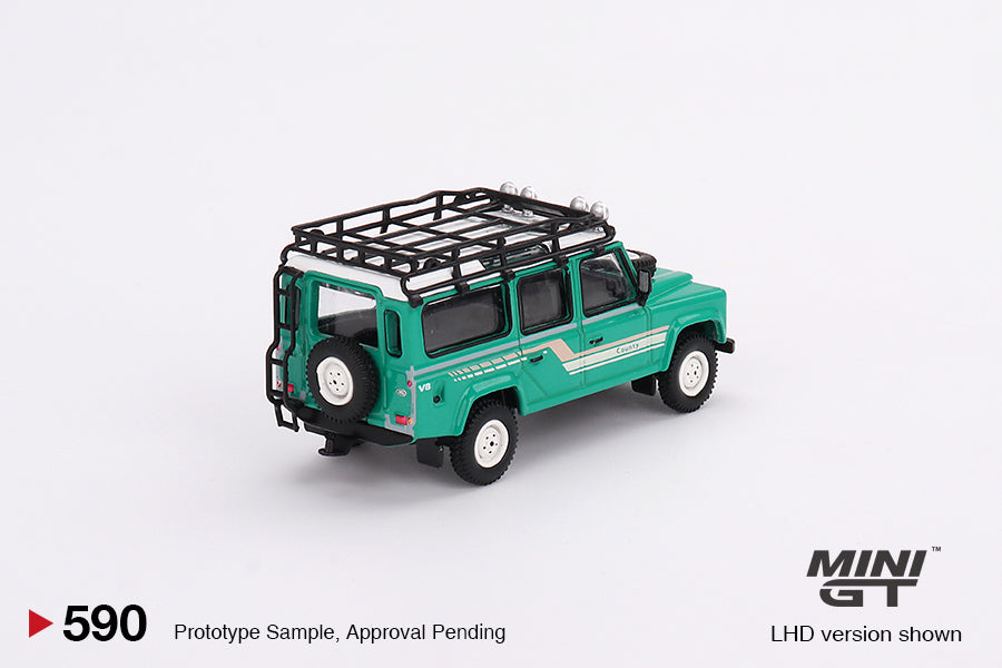 MINI GT #590 Land Rover Defender 110 1985 County Station Wagon Trident Green