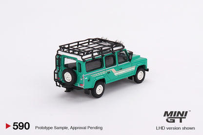 * PRE ORDER * MINI GT #590 Land Rover Defender 110 1985 County Station Wagon Trident Green