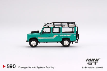* PRE ORDER * MINI GT #590 Land Rover Defender 110 1985 County Station Wagon Trident Green