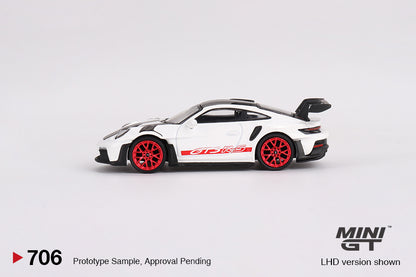 * PRE ORDER * MINI GT #706 1/64 Porsche 911 (992) GT3 RS Weissach Package White with Pyro Red (RHD)