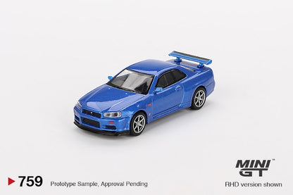 MINI GT #759 1/64 Nissan Skyline GT-R (R34)  V-Spec Bayside Blue (RHD)