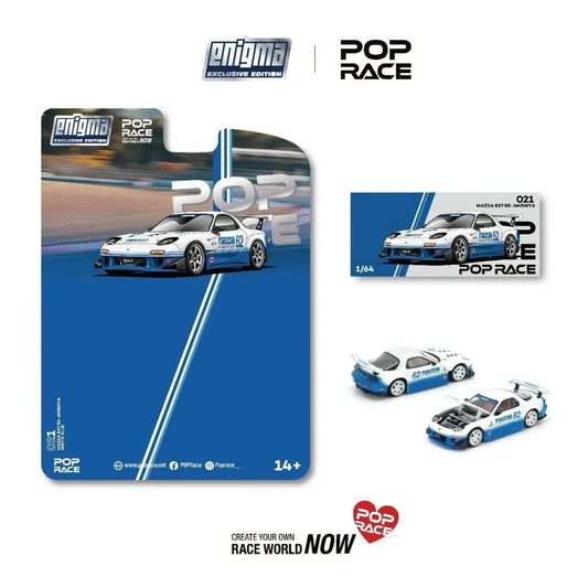 POP RACE X ENIGMA 1/64 Mazda RX-7 RE-Amemiya White Blue Enigma Exclusive – PRE021