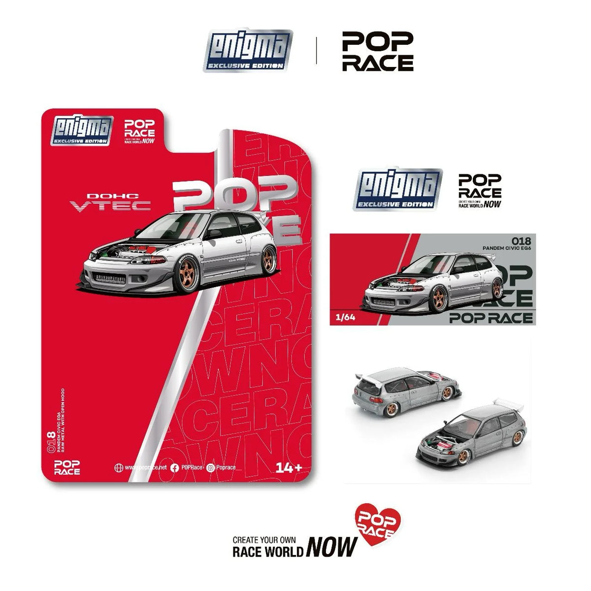 POP RACE X ENIGMA 1/64 PANDEM CIVIC EG6 RAW METAL – PRE018