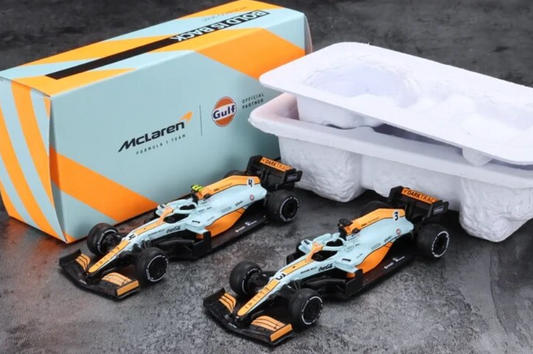 Mclaren 1:64 Diecast Model , Licensed Product 2021 Formula 1 F1 Series , MCL35M Monaco Gulf Special Edition 2 Car Set: No.3 Daniel Ricciardo McLaren & No.4 Lando Norris