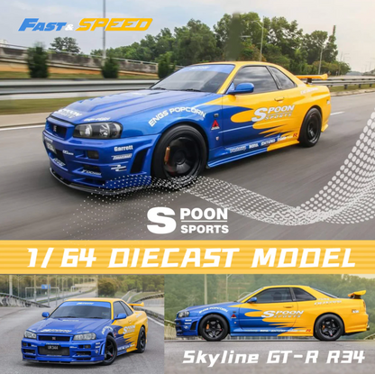 Fast Speed 1/64 Nissan Skyline GT-R R34 5th generation BNR34 - Spoon Blue Yellow