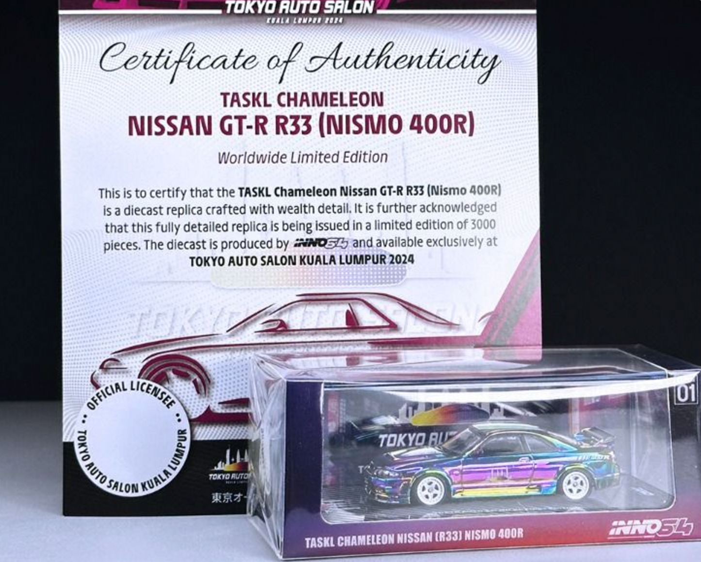 INNO64 1/64 TASKL CHAMELEON NISSAN (R33) NISMO 400R TOKYO AUTO SALON KL FIRST EDITION (CERTIFICATE INCLUDED )