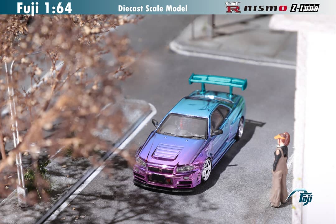 Fuji 1/64 Nissan Skyline GT-R R34 Nismo Z-Tune High Wing version Chrome Purple-Blue