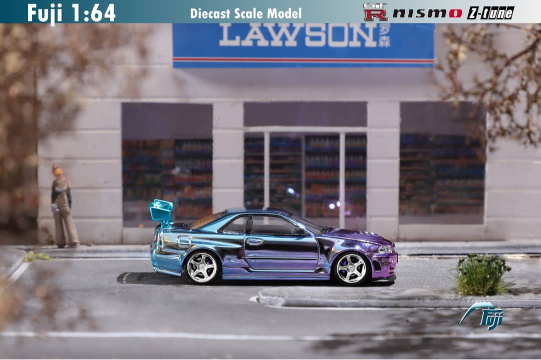 Fuji 1/64 Nissan Skyline GT-R R34 Nismo Z-Tune High Wing version Chrome Purple-Blue