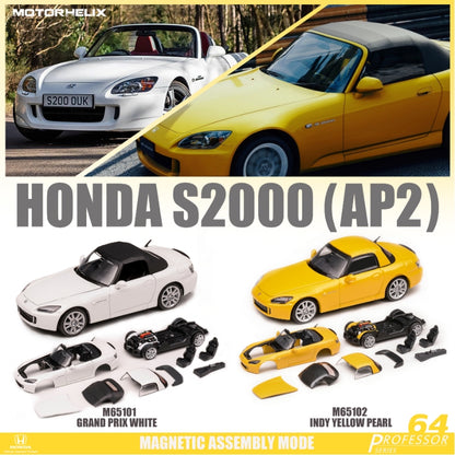 Motorhelix MH 1:64 Assemble Diecast Model Honda S2000 AP2 Magnetic and Assembled Parts GrandPrix White / Indy Yellow