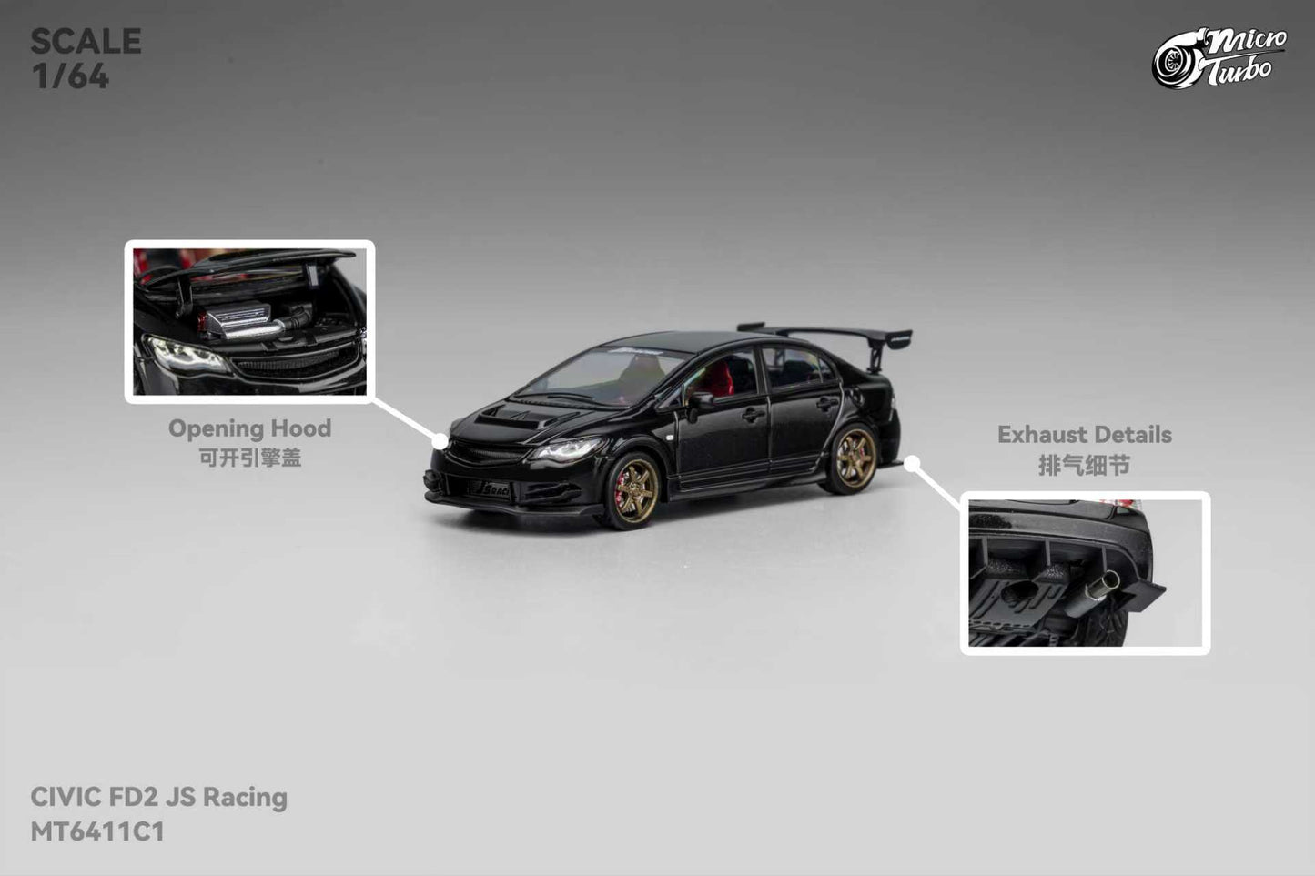 * PRE ORDER * MicroTurbo MT 1/64 Honda Civic FD2 TYPE R J's Racing Metallic Black