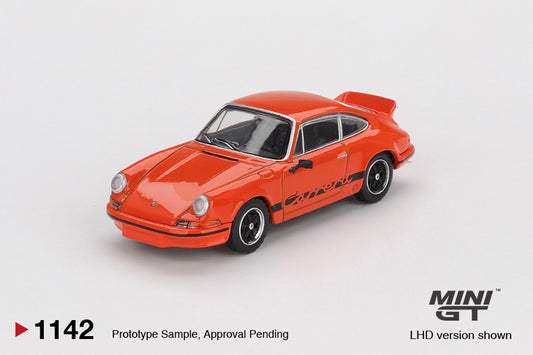 * PRE ORDER * MINI GT #1142 1/64 Porsche 911 Carrera RS 2.7 Tangerine with Black Livery (RHD)