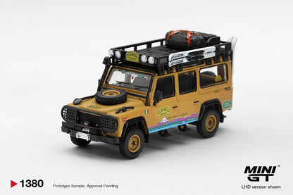 * PRE ORDER * MINI GT #1380 1/64 Land Rover Defender 110 1998 Camel Trophy Tierra del Fuego CT.24 Italy (LHD)