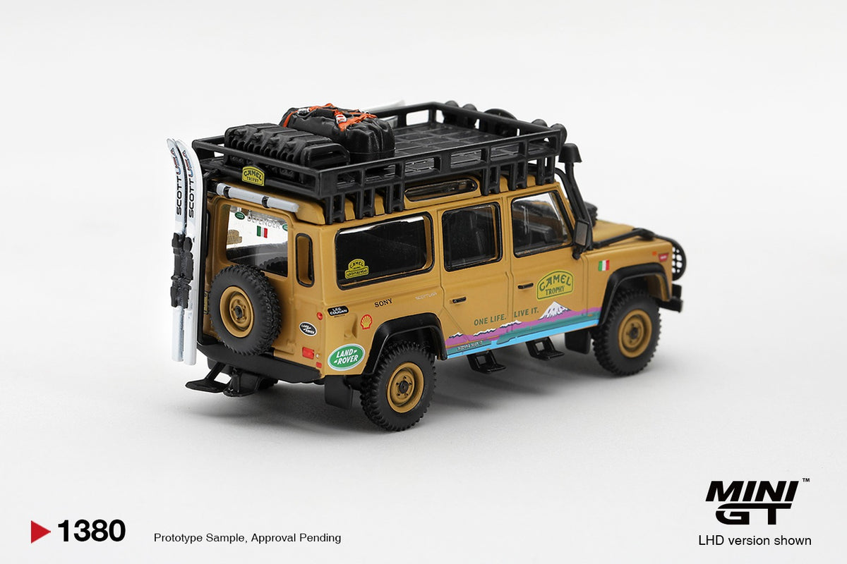 * PRE ORDER * MINI GT #1380 1/64 Land Rover Defender 110 1998 Camel Trophy Tierra del Fuego CT.24 Italy (LHD)