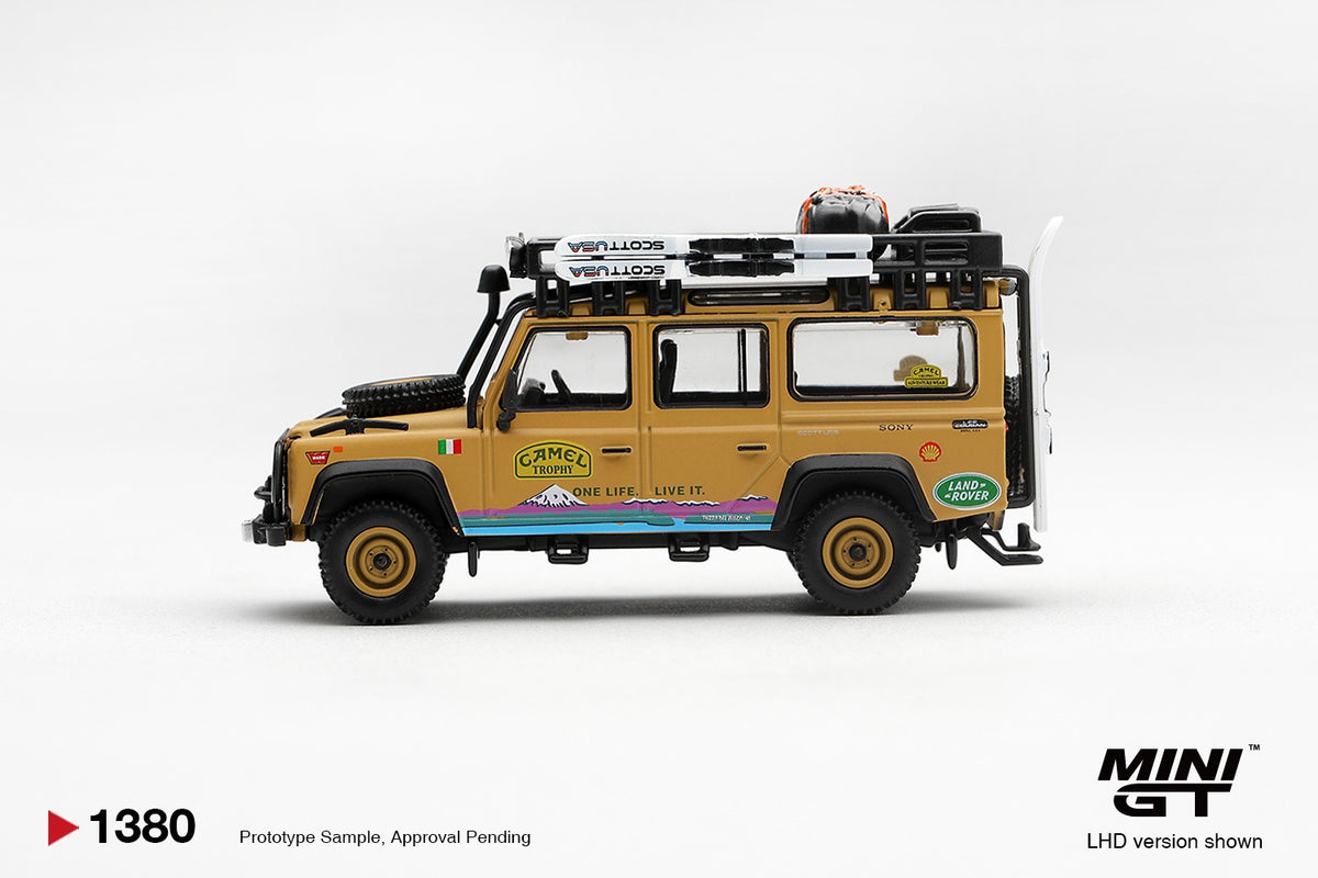 * PRE ORDER * MINI GT #1380 1/64 Land Rover Defender 110 1998 Camel Trophy Tierra del Fuego CT.24 Italy (LHD)