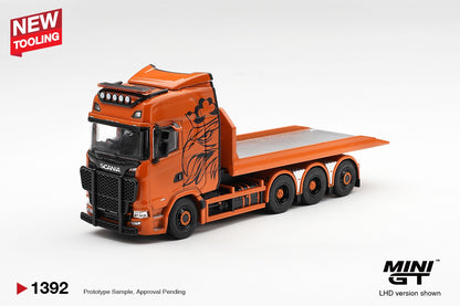 * PRE ORDER * MINI GT #1392 1/64 Scania 770S B8x4NA Hooklift Flatbed Orange (RHD)