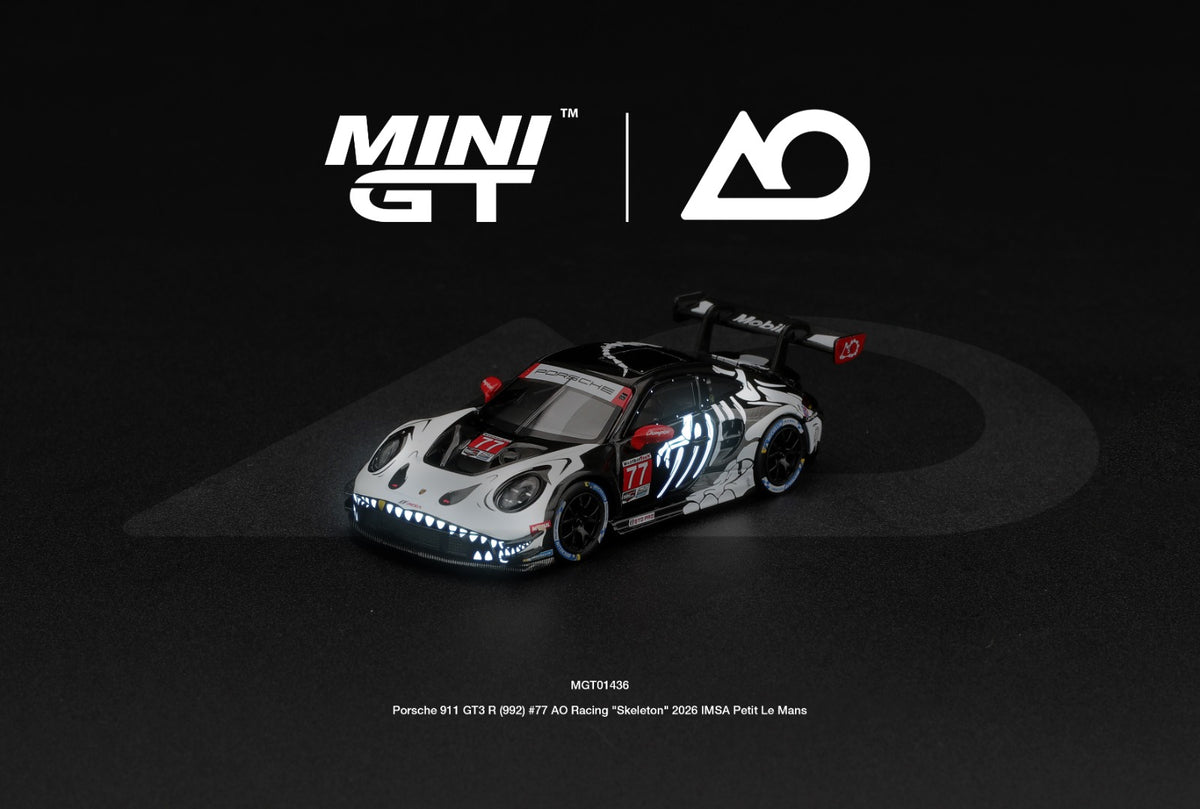 * PRE ORDER * MINI GT #1436 1/64 Porsche 911 GT3 R (992) #77 AO Racing "Skeleton Rexy" 2026 IMSA Petit Le Mans