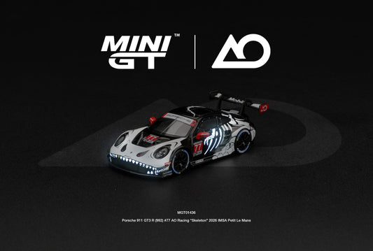 * PRE ORDER * MINI GT #1436 1/64 Porsche 911 GT3 R (992) #77 AO Racing "Skeleton Rexy" 2026 IMSA Petit Le Mans