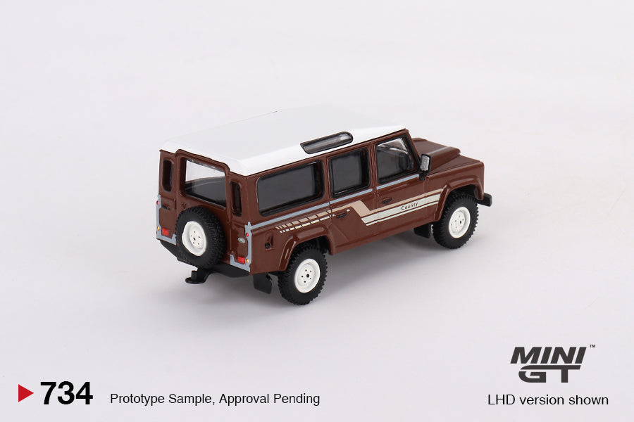 * PRE ORDER * MINI GT #734 1/64 Land Rover Defender 110 1985 County Station Wagon Russet Brown ( RHD )