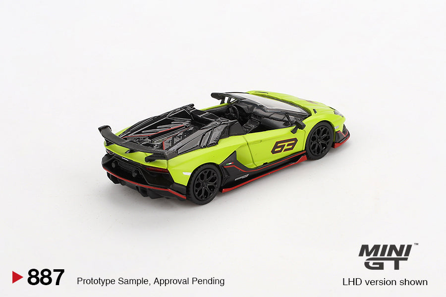 MINI GT #887 1/64 Lamborghini Aventador SVJ 63 Roadster Verde Shock (RHD)
